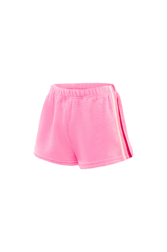 Women's pink fleece short shorts with side stripes