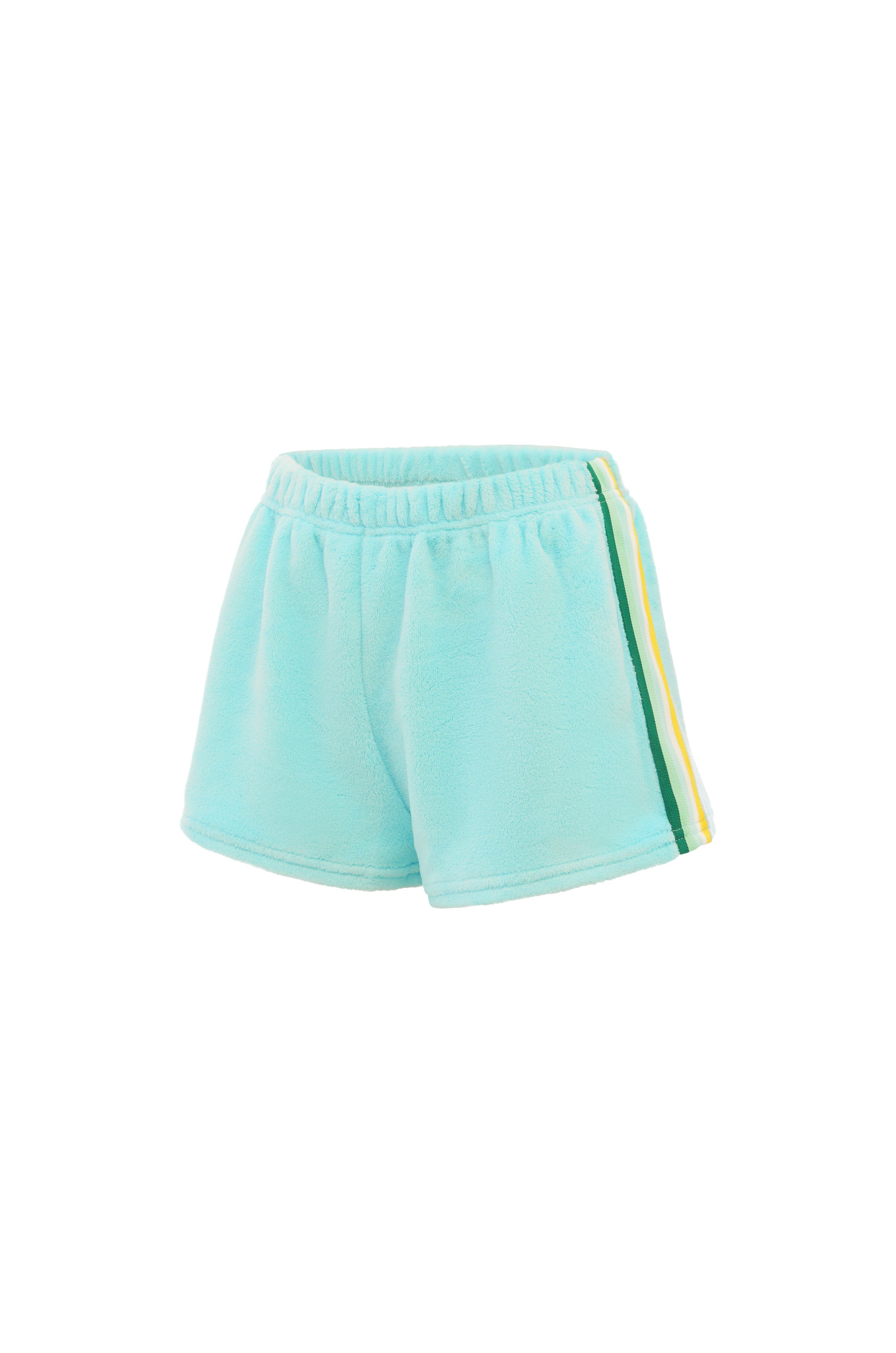 girls turquoise fleece shorts with stripes on side